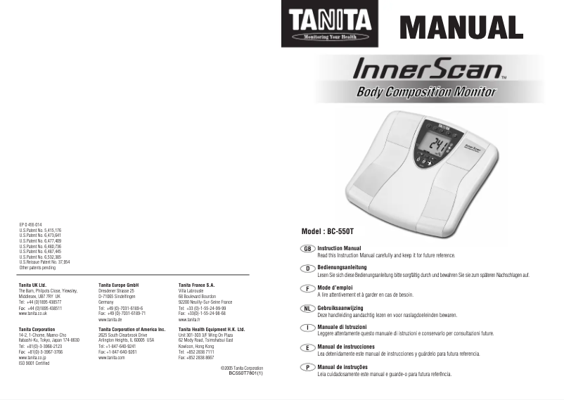 Page 1 de la notice Manuel utilisateur Tanita InnerScan BC-550T