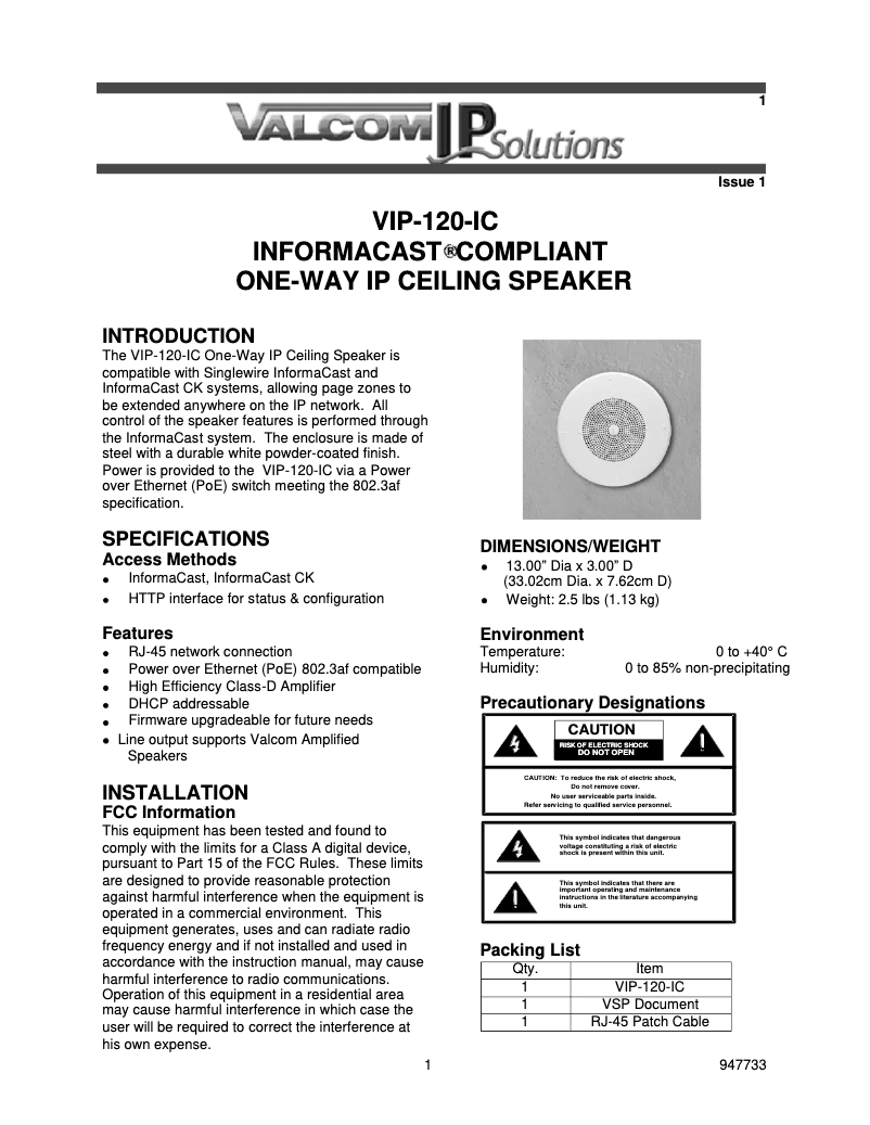 Page n°1 - Manuel utilisateur Valcom InformaCast VIP-120-IC