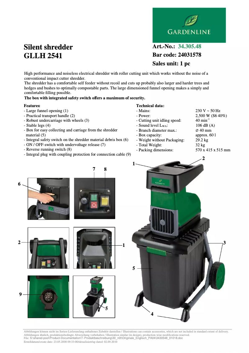 Página 1 del manual Ficha técnica Gardenline GLLH 2541