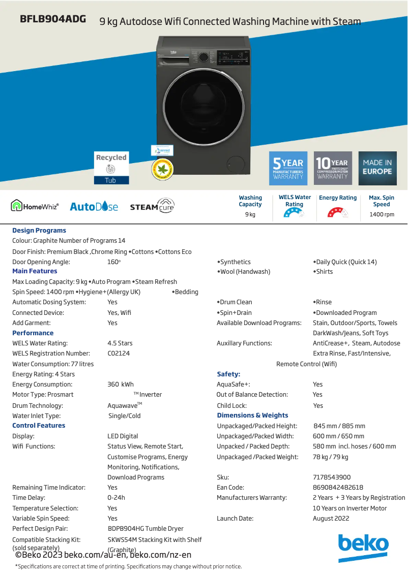 Page 1 de la notice Fiche technique Beko BFLB904ADG