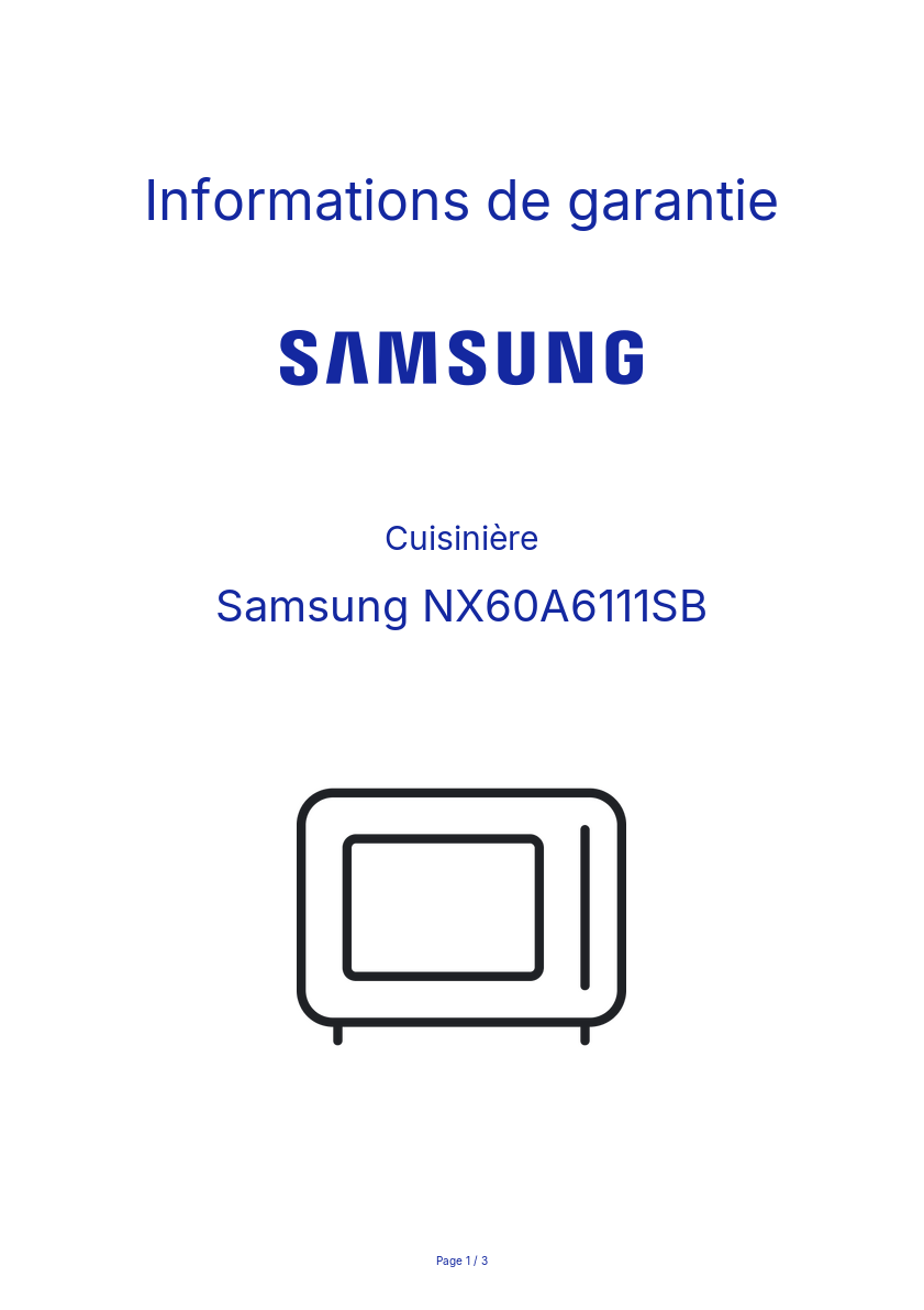 Page n°1 - Informations de garantie Samsung NX60A6111SB