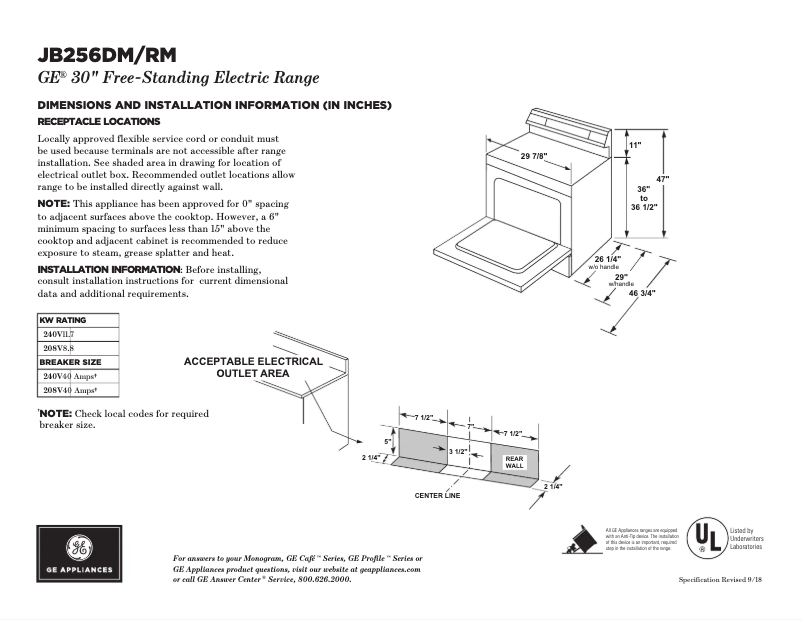 Page 1 de la notice Fiche technique GE JB256DMWW
