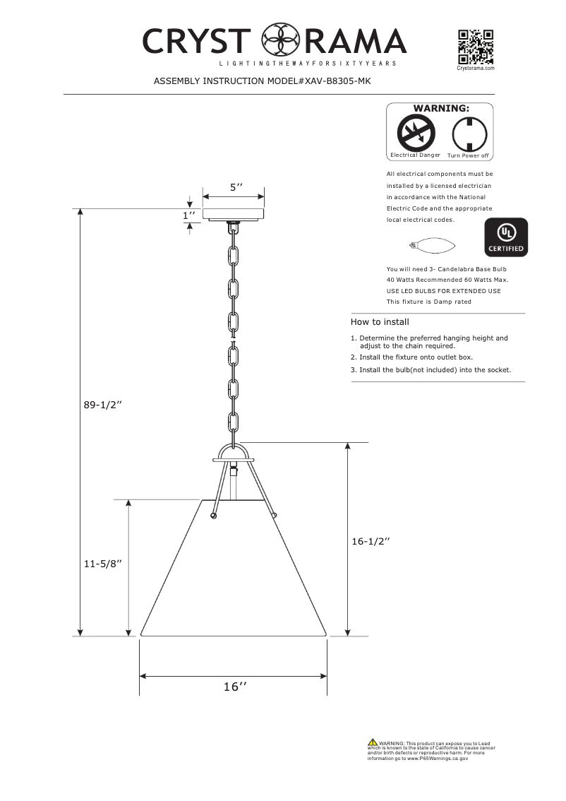 Page 1 de la notice Manuel utilisateur Crystorama Xavier XAV-B8305-MK