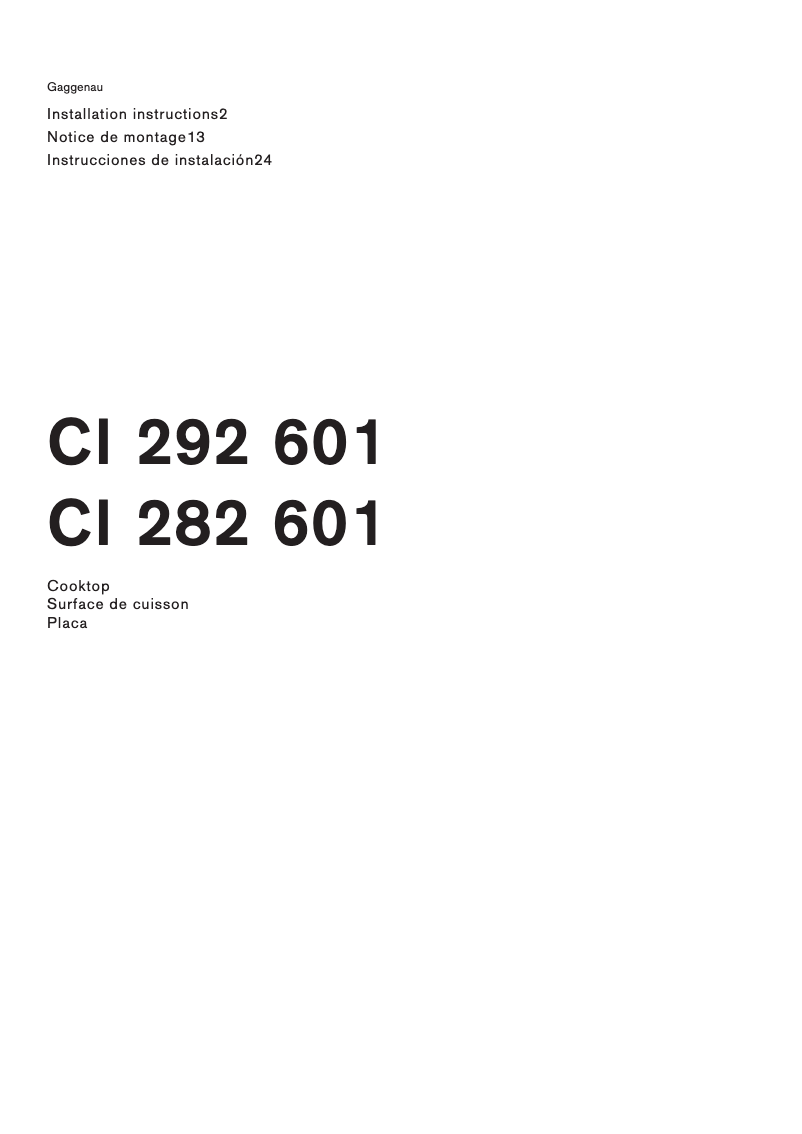 Page n°1 - Guide d'installation Gaggenau CI 292 601