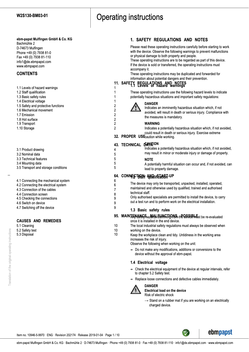 Page 1 de la notice Manuel utilisateur ebm-papst W2S130-BM03-01