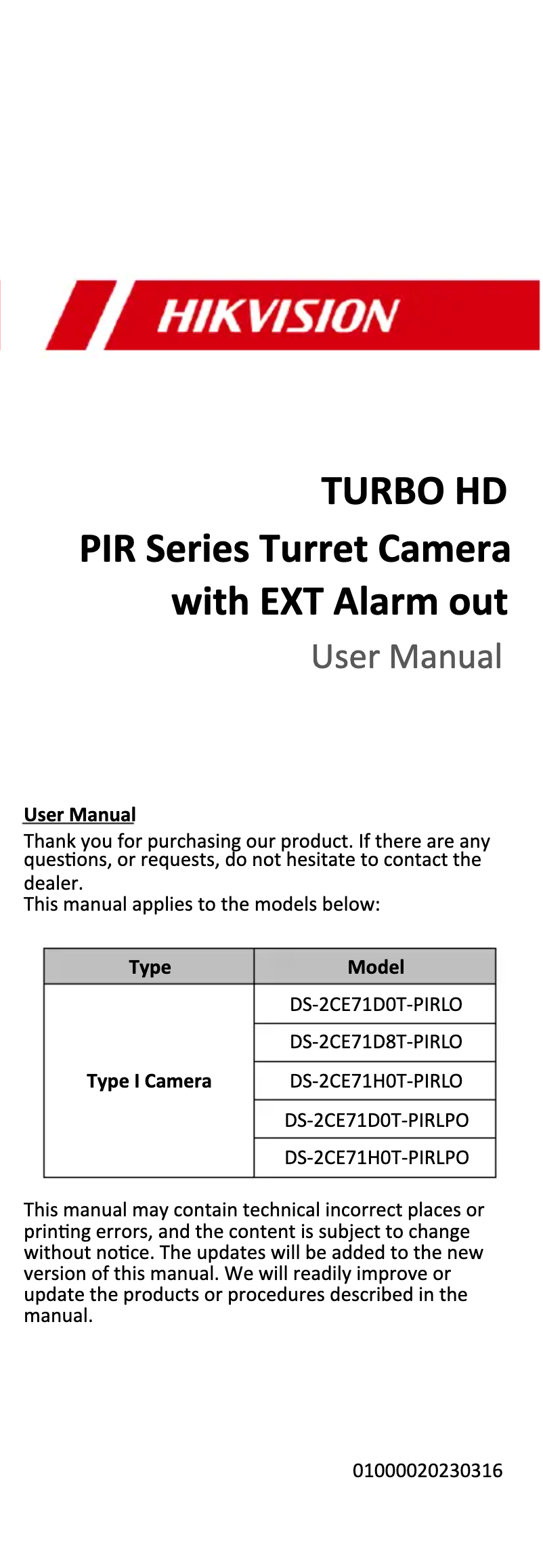 Page 1 de la notice Manuel utilisateur Hikvision DS-2CE71D0T-PIRLPO