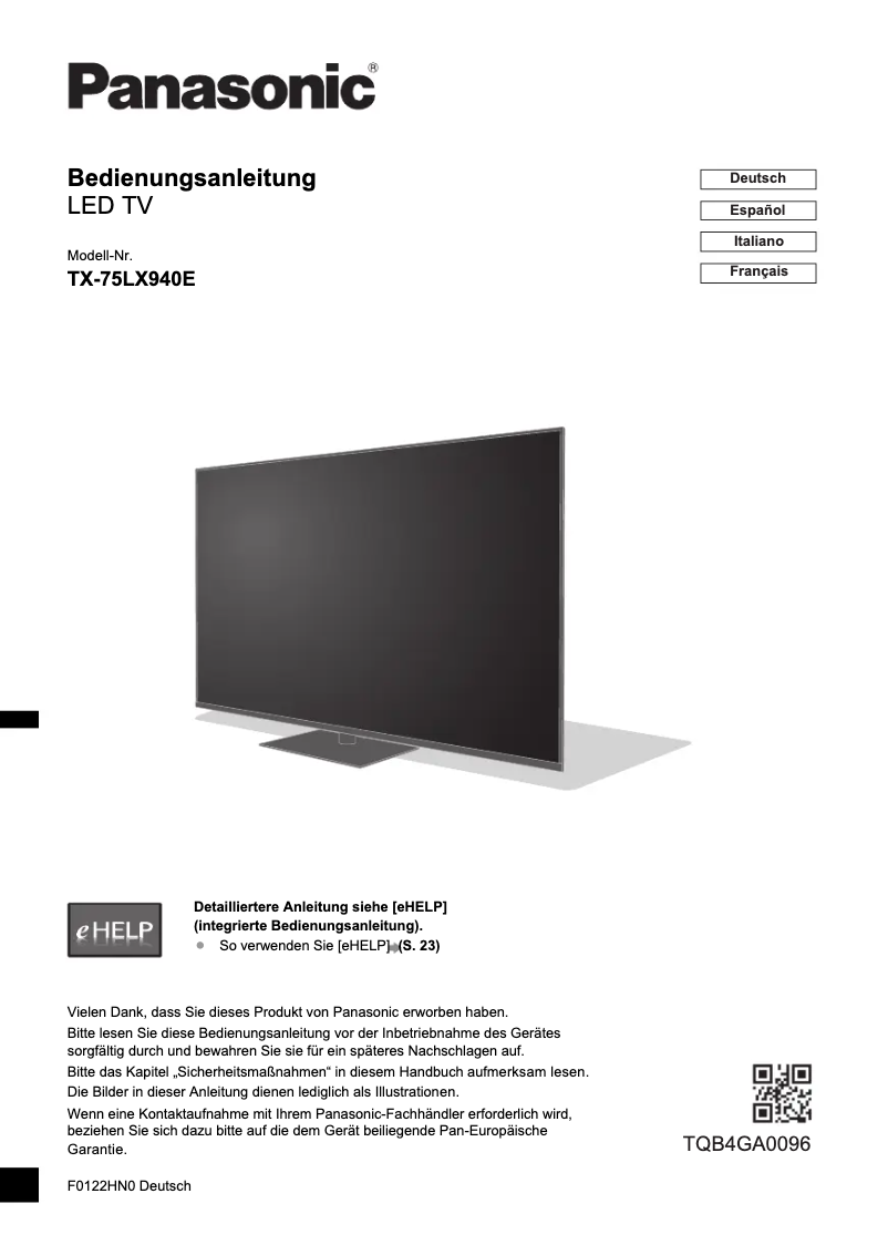 Page 1 de la notice Manuel utilisateur Panasonic TX-75LX940E