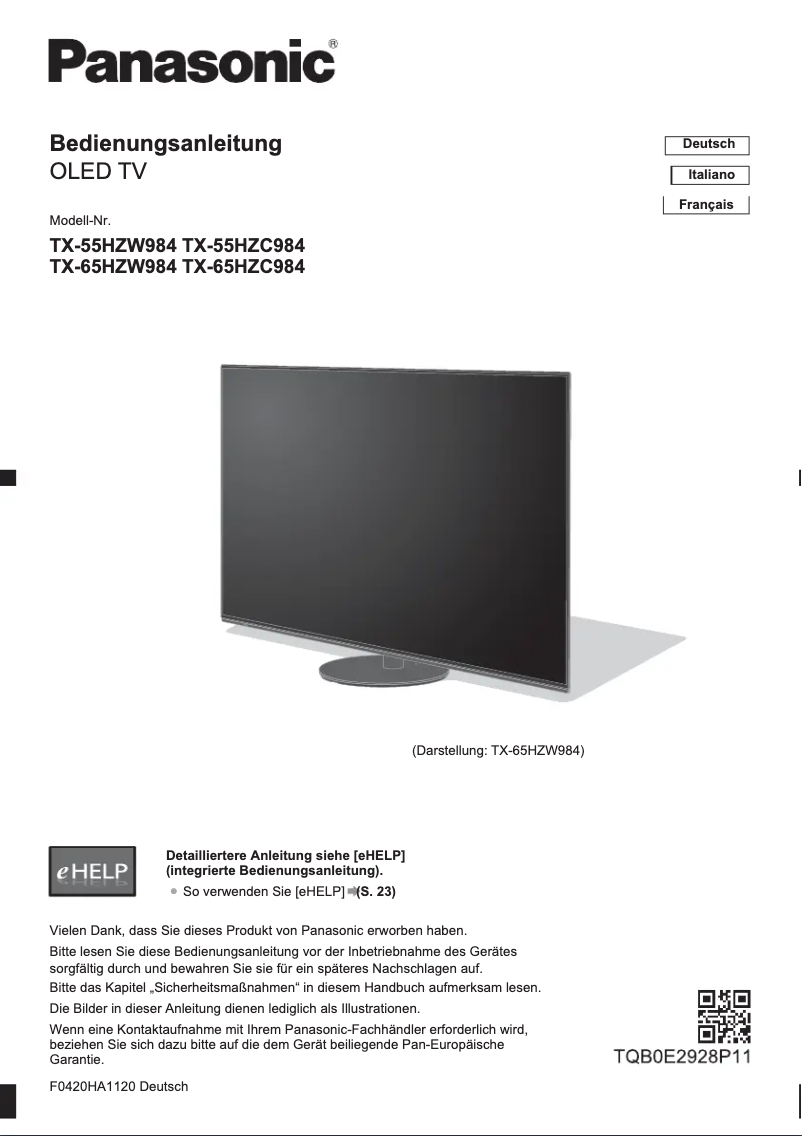 Page 1 of the manual Quick Start Guide Panasonic TX-55HZC984