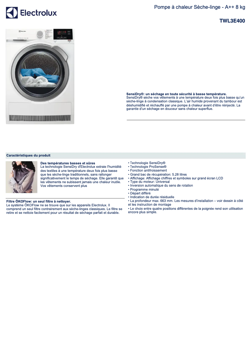 Page 1 de la notice Fiche technique Electrolux TWL3E400