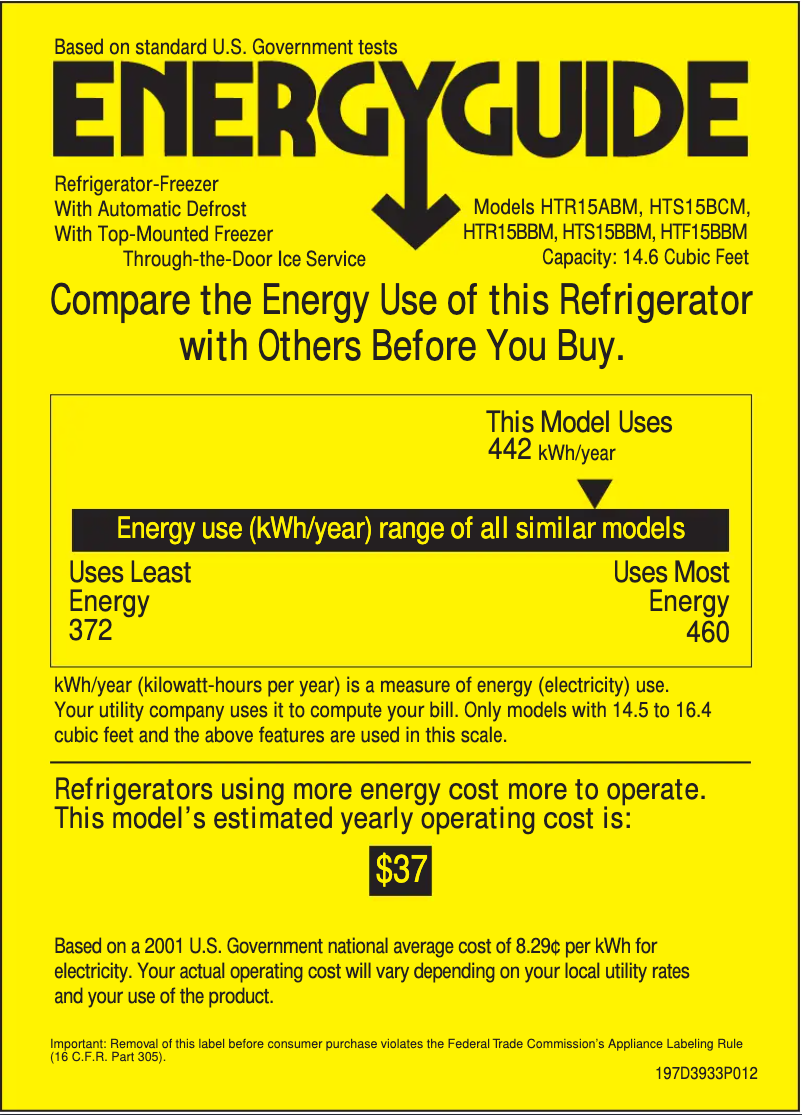 Page n°1 - Label énergétique Hotpoint HTR15BBMRWW