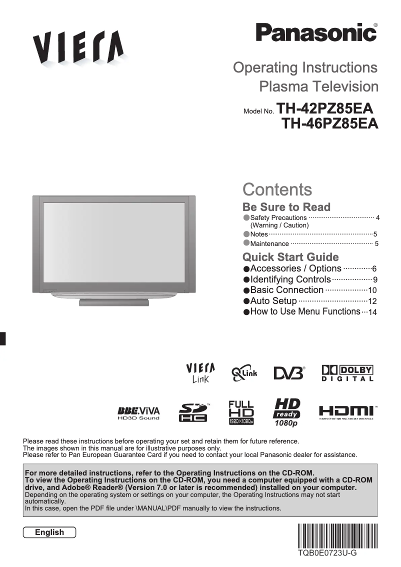 Page 1 de la notice Manuel utilisateur Panasonic Viera TH-46PZ85EA