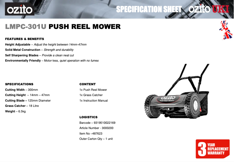 Page 1 de la notice Fiche technique Ozito LMPC-301U