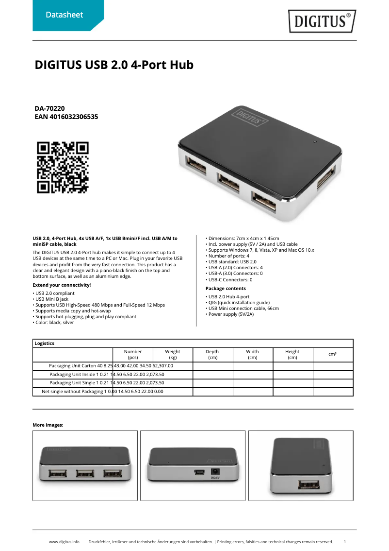 Page 1 de la notice Fiche technique Digitus DA-70220
