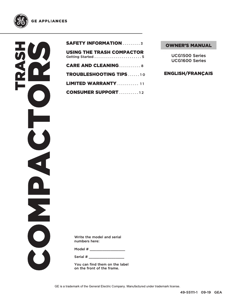 Page 1 de la notice Manuel utilisateur GE UCG1500NBB