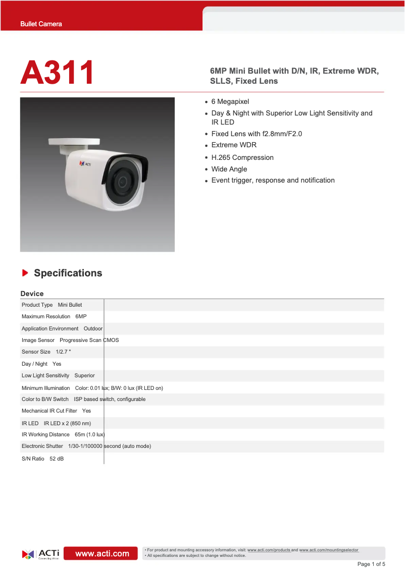 Page n°1 - Fiche technique ACTi A311
