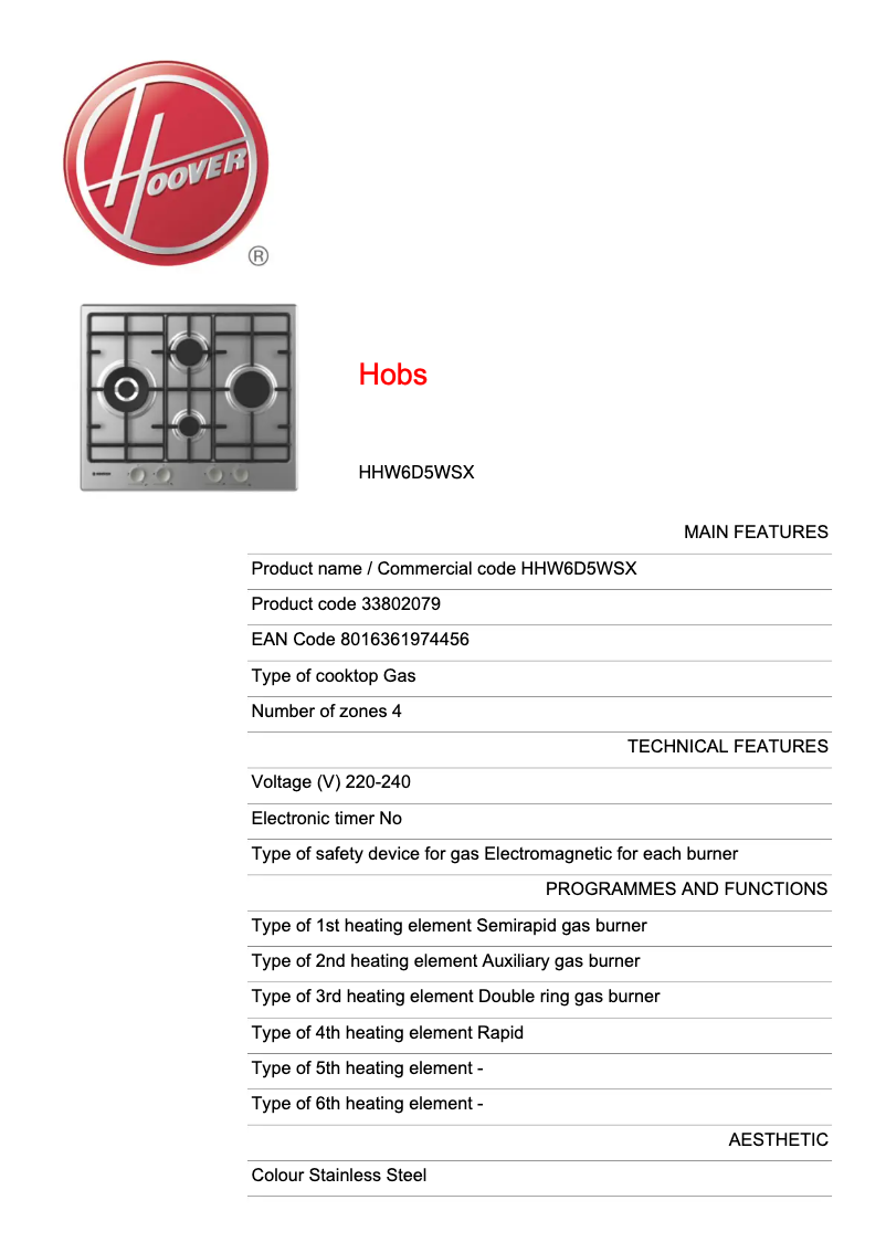 Page 1 de la notice Fiche technique Hoover HHW6D5WSX