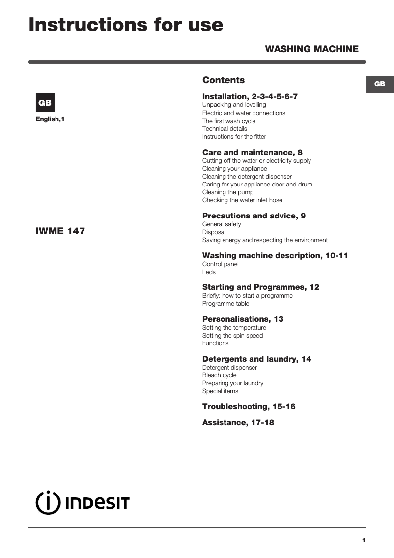 Image de la première page du manuel de l'appareil IWME 147