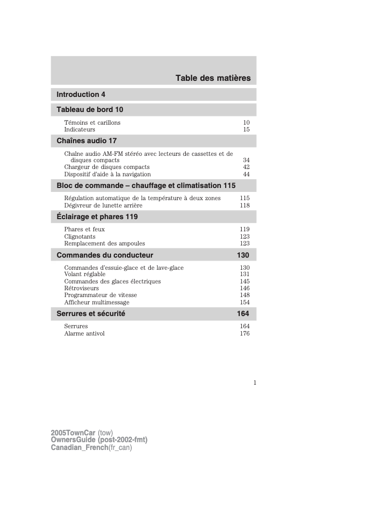 Image de la première page du manuel de l'appareil Town Car (2005)