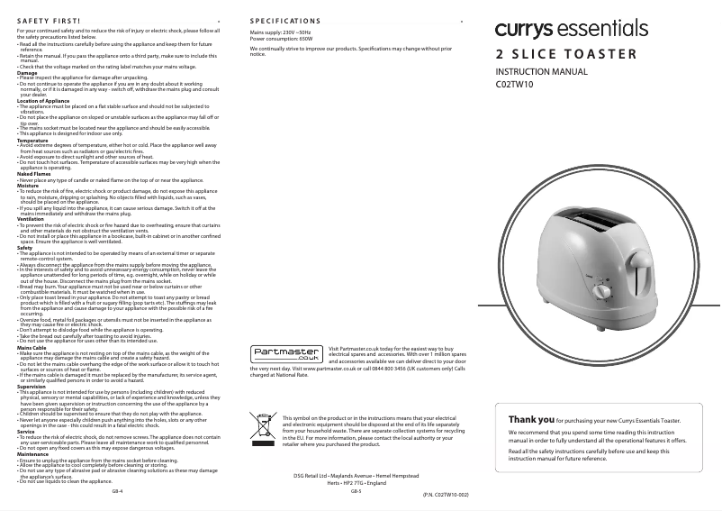 Page 1 de la notice Manuel utilisateur Currys Essentials C02TW10