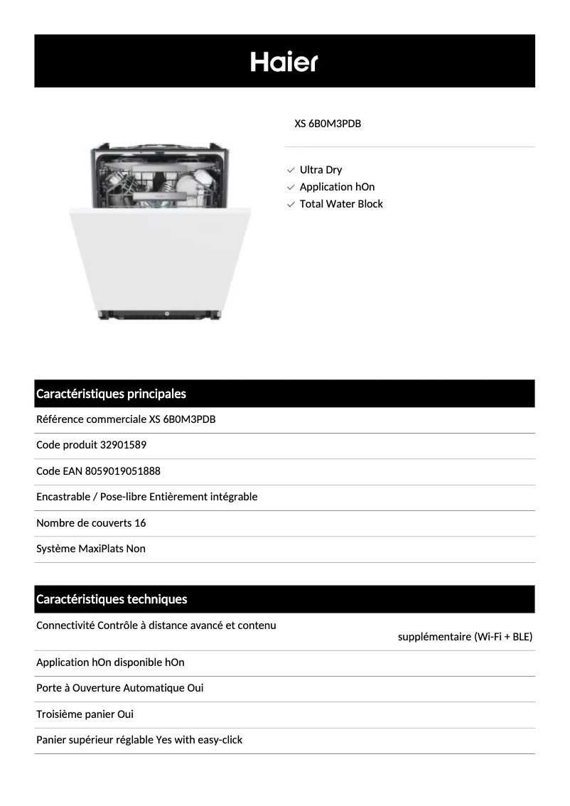 Page 1 de la notice Fiche technique Haier XS 6B0M3PDB