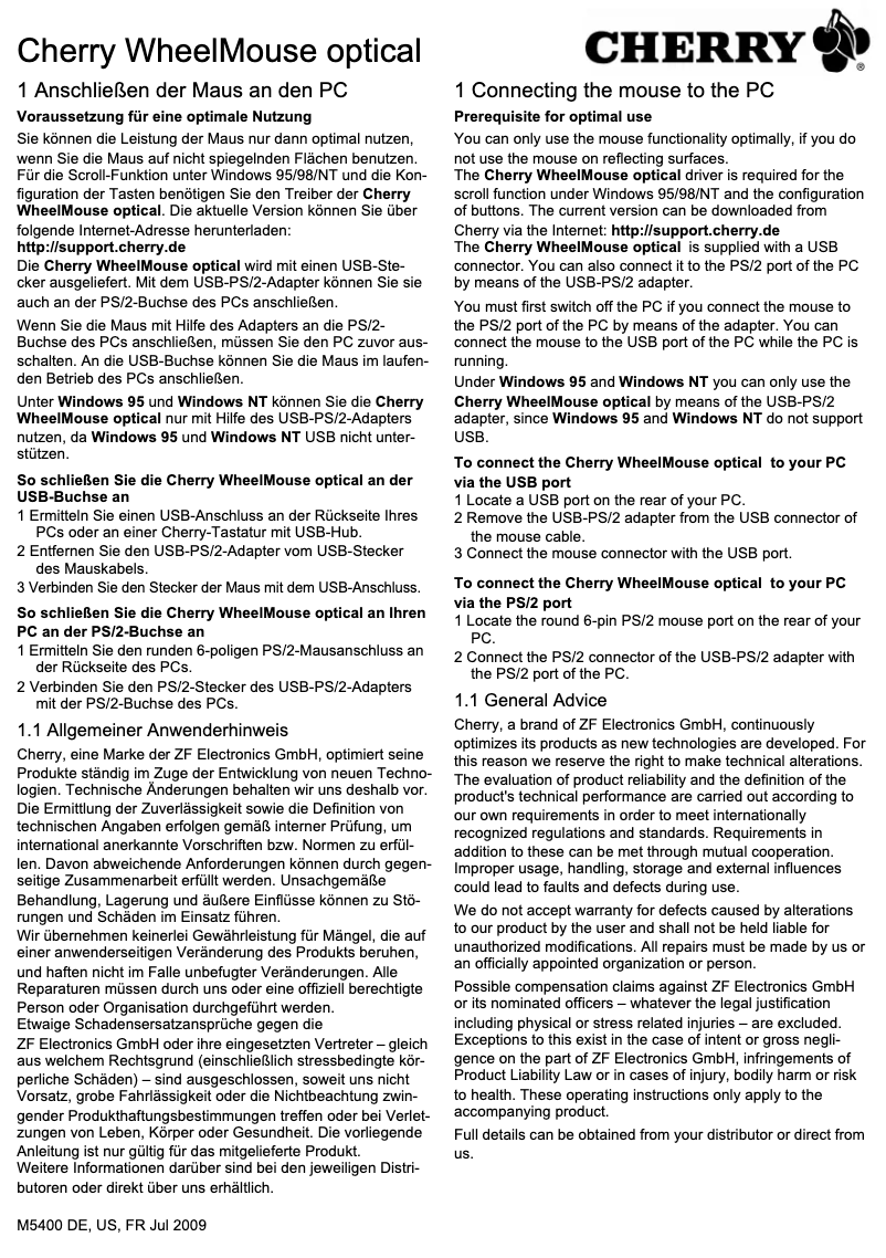 Page 1 de la notice Manuel utilisateur Cherry WheelMouse M-5410