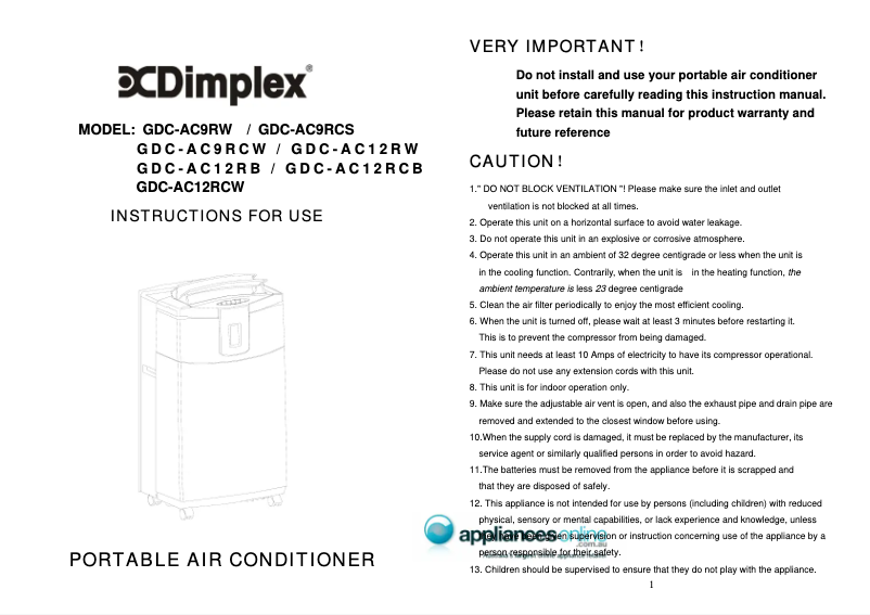 Page 1 de la notice Manuel utilisateur Dimplex GDC-AC9RW