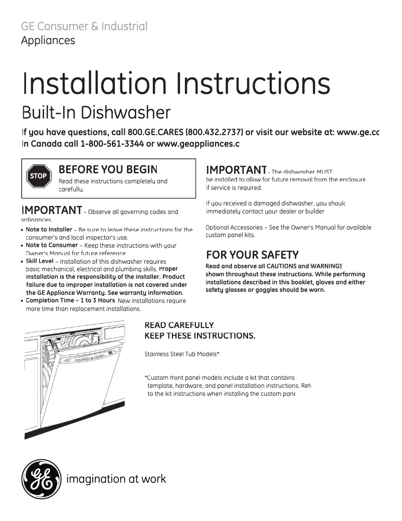 Page n°1 - Guide d'installation GE Profile PDWF400PBB