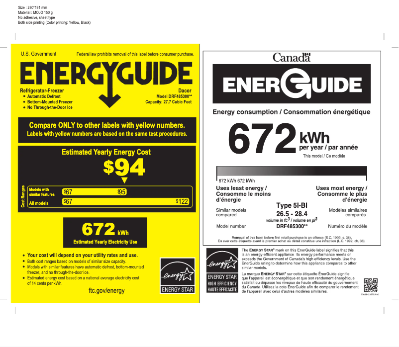 Page 1 de la notice Label énergétique Dacor DRF485300AP