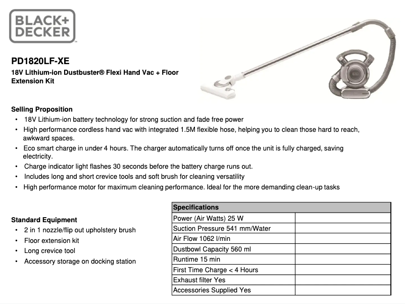 Page 1 de la notice Fiche technique Black & Decker PD1820LF