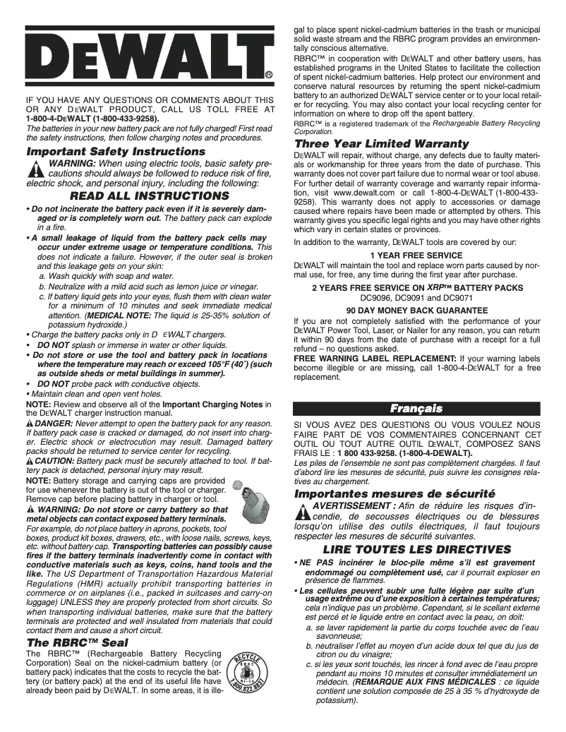 Page 1 de la notice Manuel utilisateur DeWalt DC9071