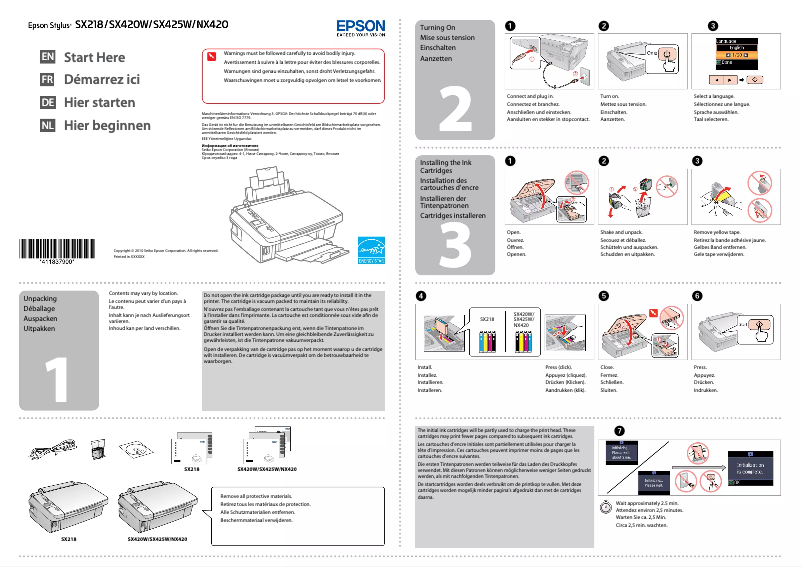 Page 1 de la notice Guide d'installation Epson Stylus SX420W