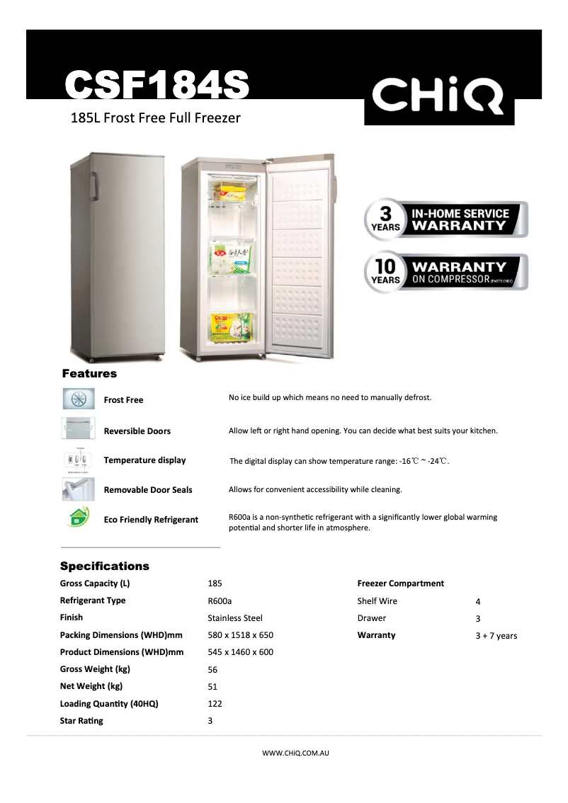 Page 1 de la notice Fiche technique CHiQ CSF184S