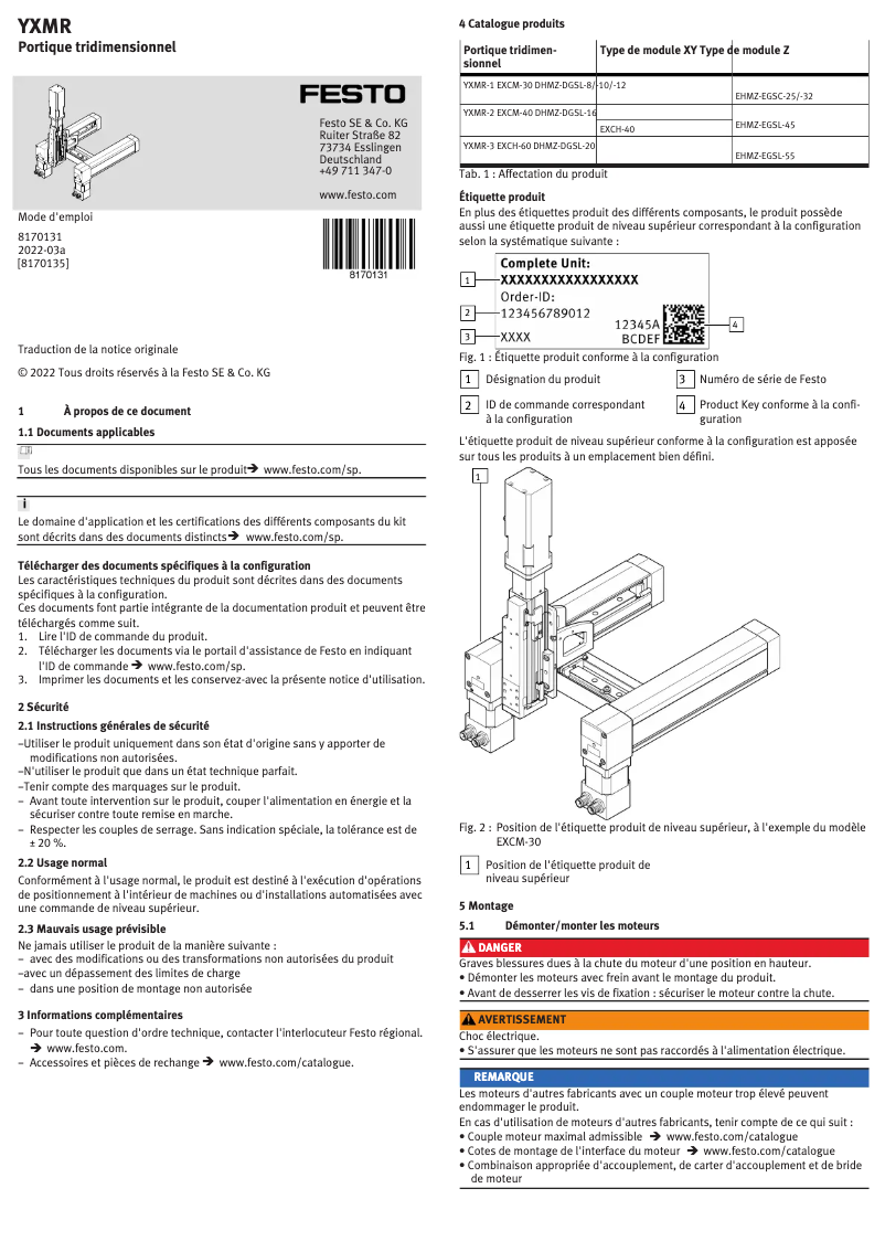 Page 1 de la notice Manuel utilisateur Festo YXMR-3
