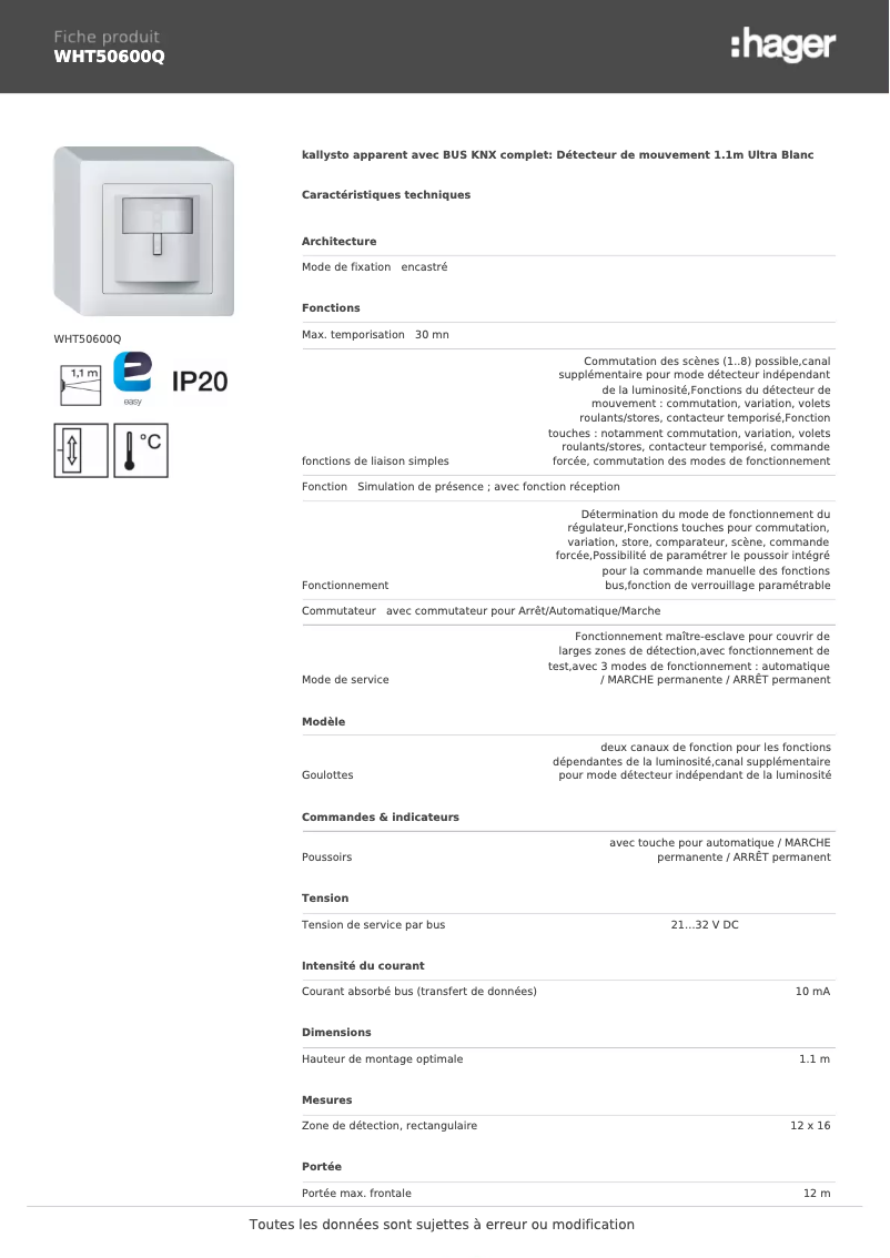 Page 1 de la notice Fiche technique Hager WHT50600Q