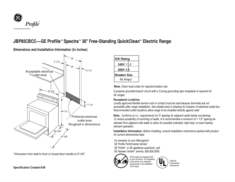 Page n°1 - Fiche technique GE Profile JBP85CBCC