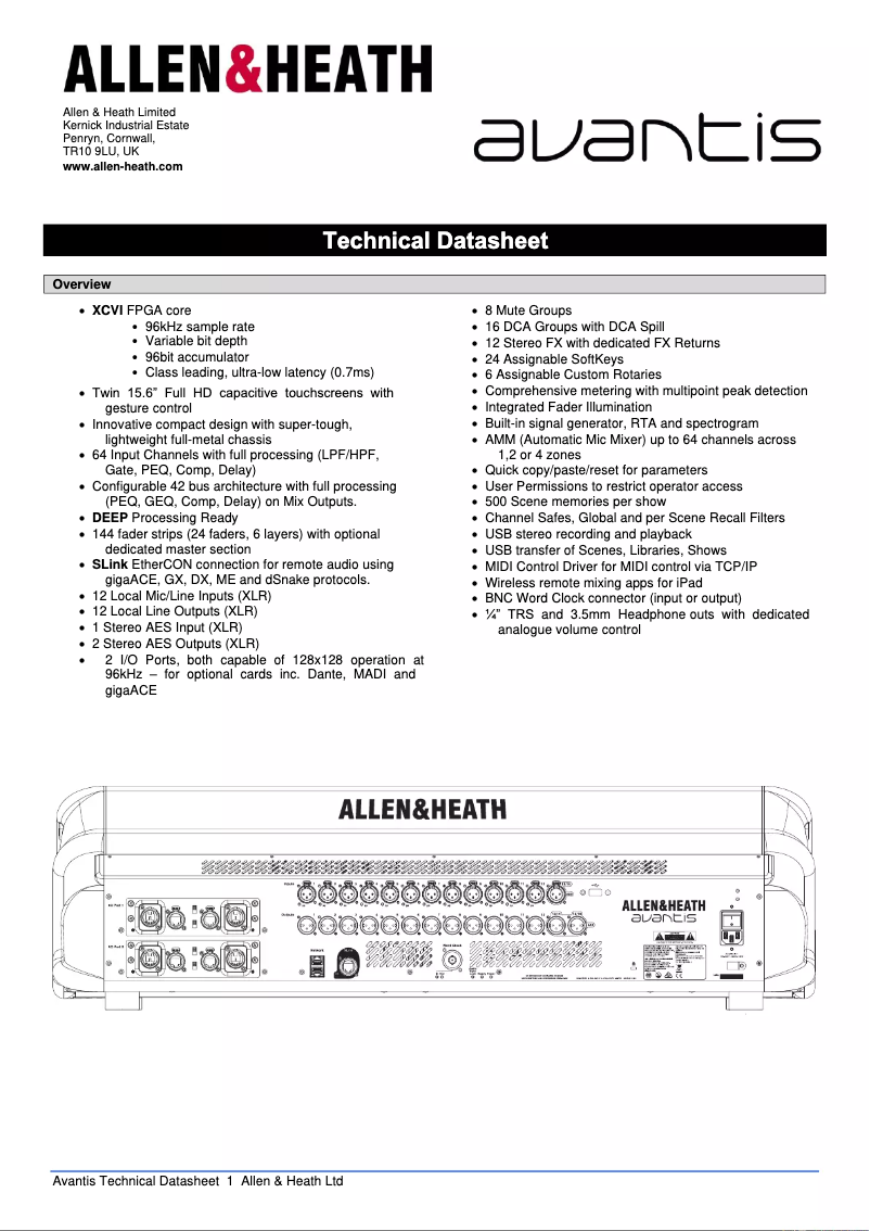 Page n°1 - Fiche technique Allen & Heath Avantis