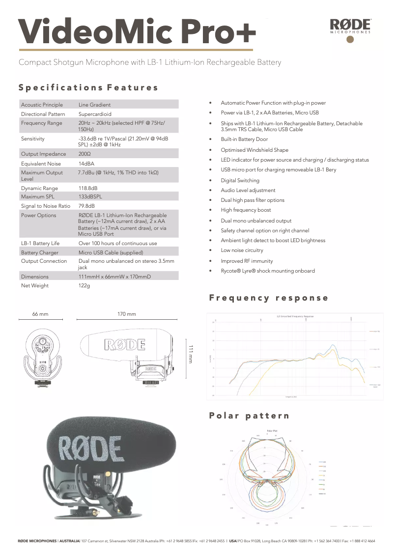 Page n°1 - Fiche technique Røde VideoMic Pro+