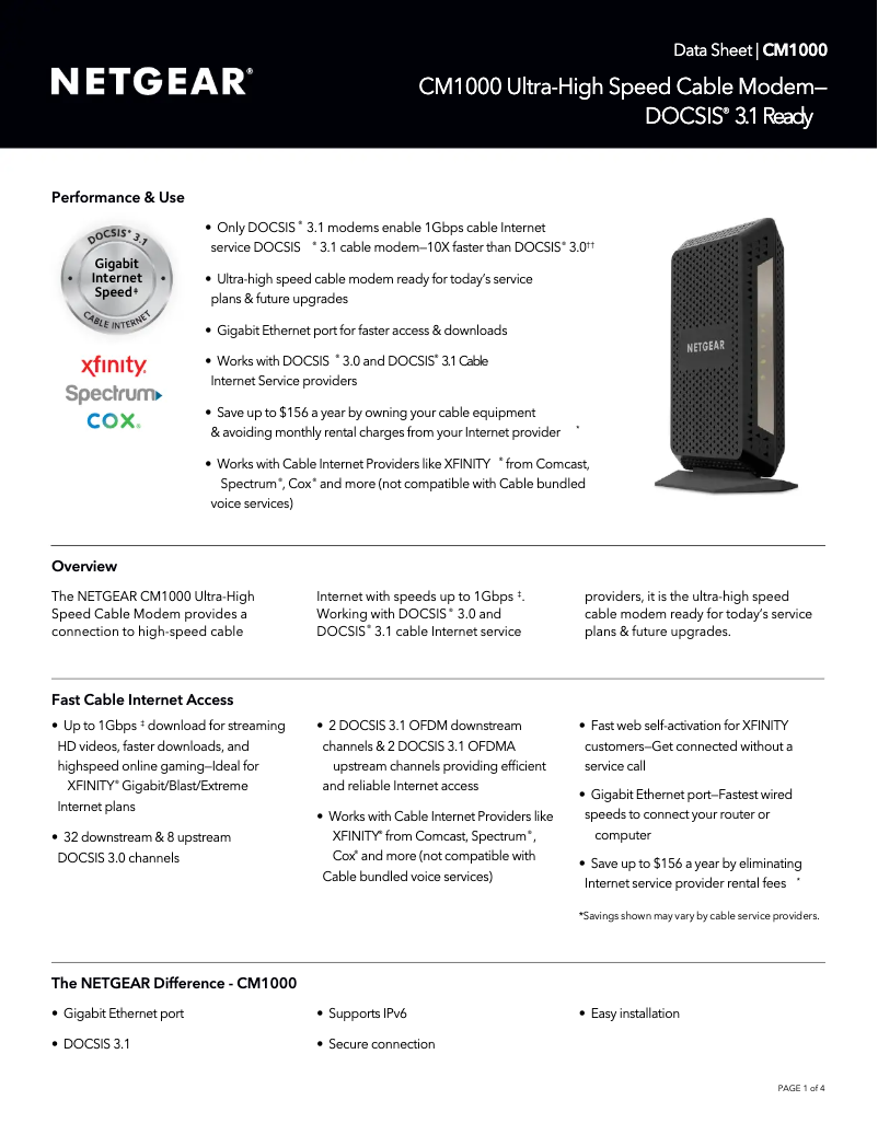 Page 1 de la notice Fiche technique Netgear CM1000v2
