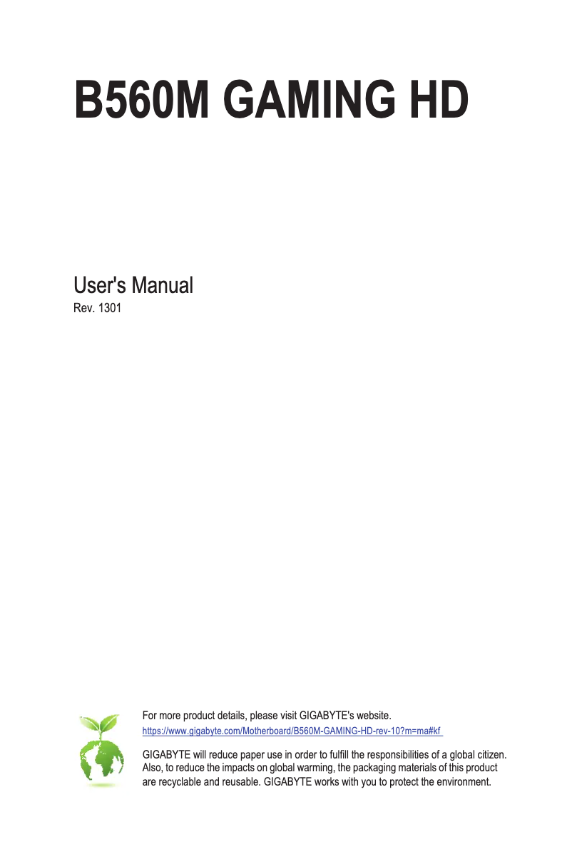 Page 1 de la notice Manuel utilisateur Gigabyte B560M Gaming HD