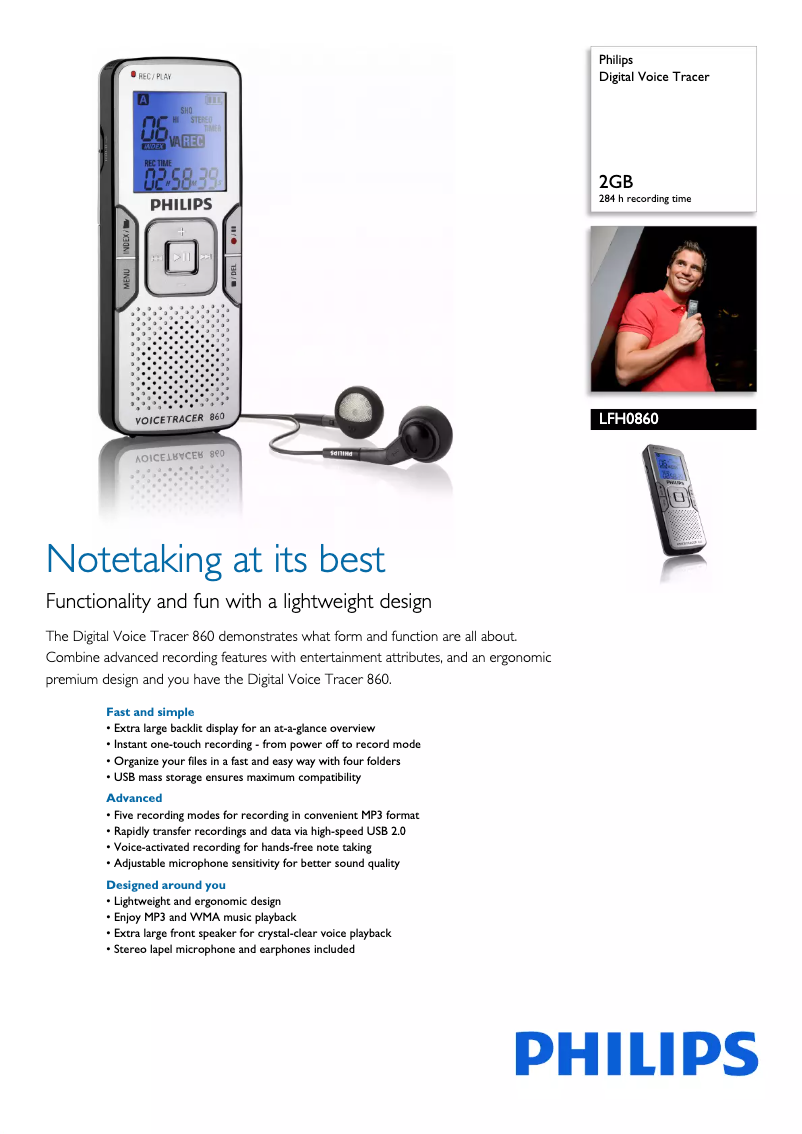 Page n°1 - Fiche technique Philips Digital Voice Tracer LFH0860