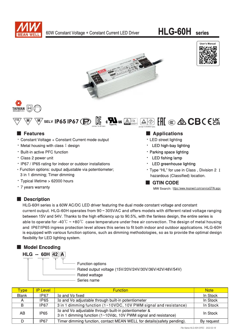 Page 1 de la notice Manuel utilisateur Mean Well HLG-600H-54A