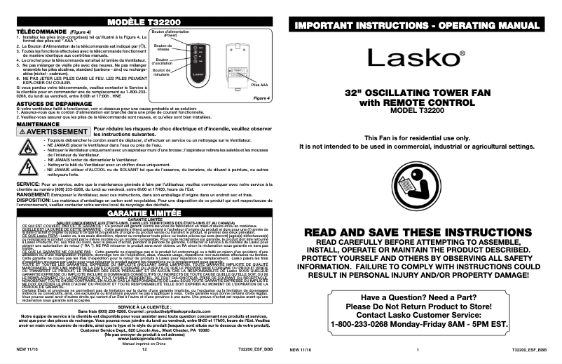 Page 1 de la notice Manuel utilisateur Lasko T32200