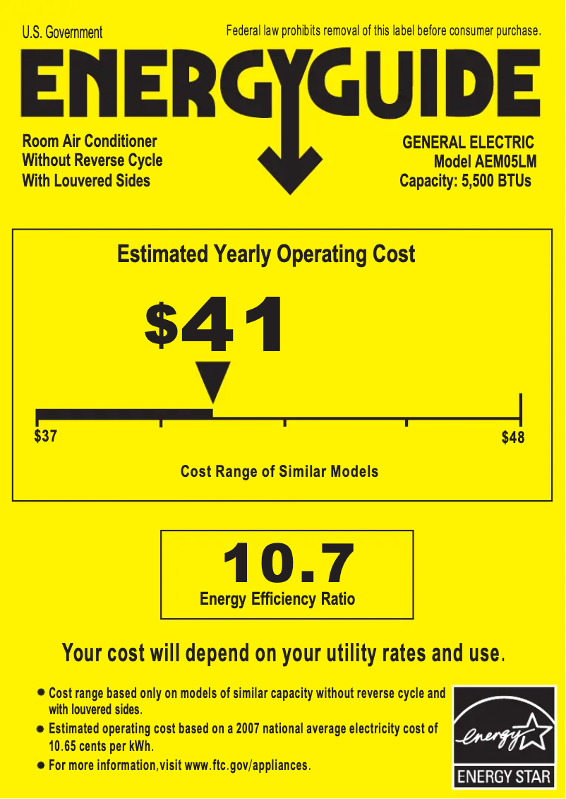 Page 1 de la notice Label énergétique GE AEM05LM