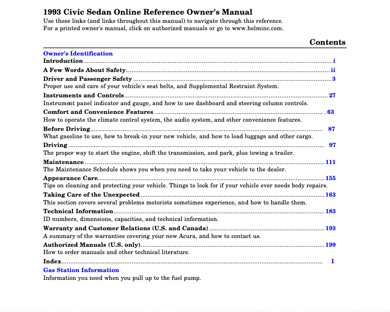 Image de la première page du manuel de l'appareil Civic Coupe (1993)