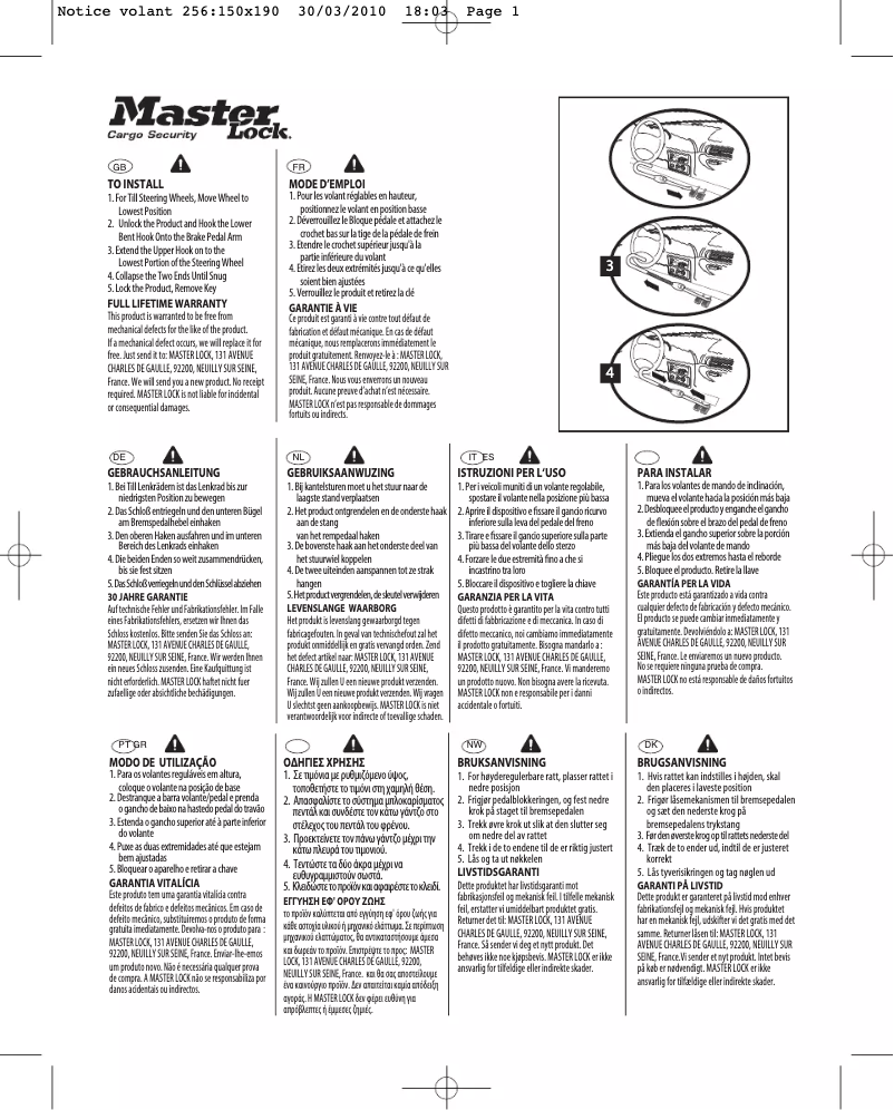Page n°1 - Manuel utilisateur Master Lock 256EURDAT