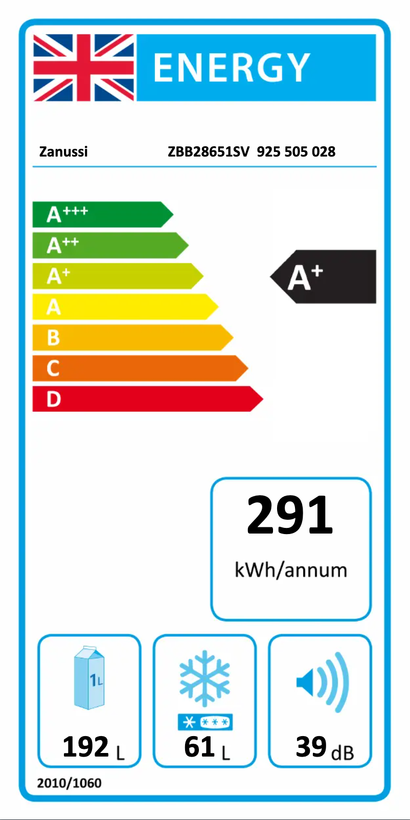 Page n°1 - Label énergétique Zanussi ZBB28651SV