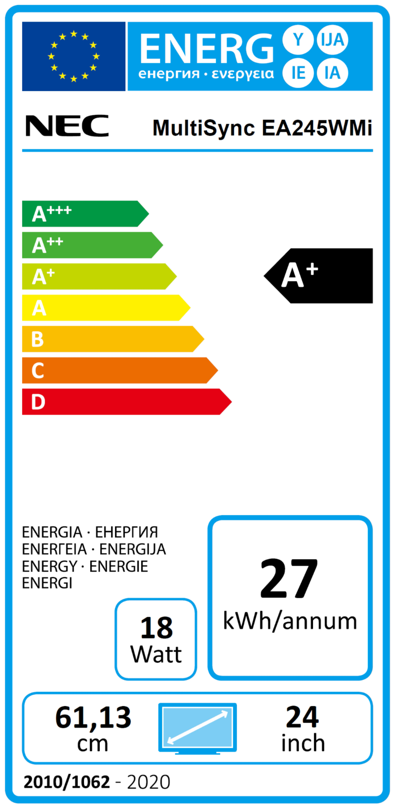Page 1 de la notice Label énergétique NEC MultiSync EA245WMi