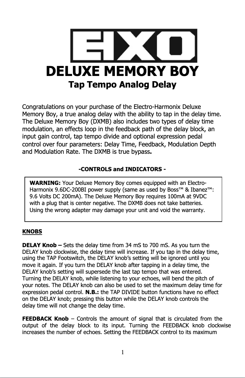 Page 1 de la notice Manuel utilisateur Electro Harmonix Deluxe Memory Boy