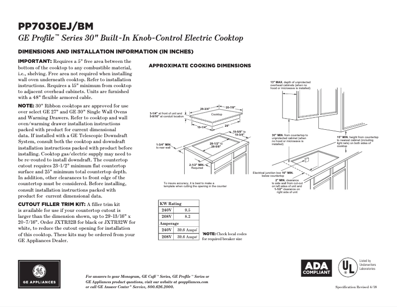 Page n°1 - Fiche technique GE Profile PP7030EJES
