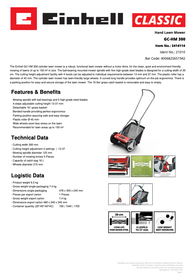 Page n°1 - Fiche technique Einhell GC-HM 300